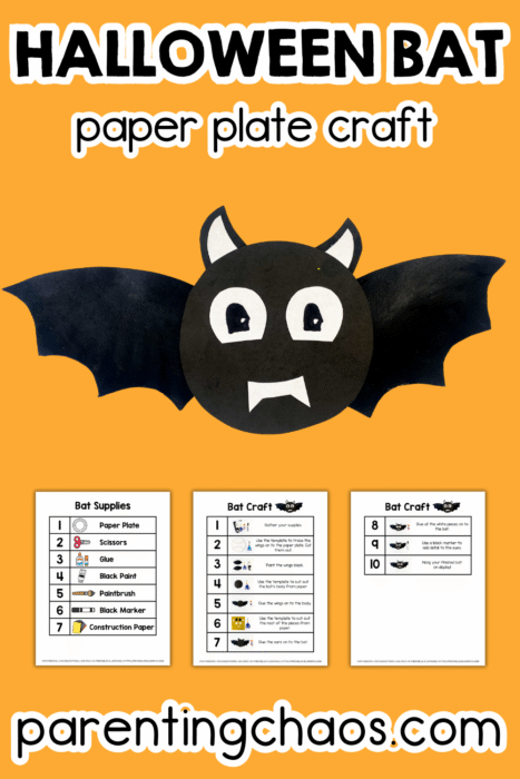 Bat paper plate craft with supply list and step-by-step printable craft cards displayed on an orange background.