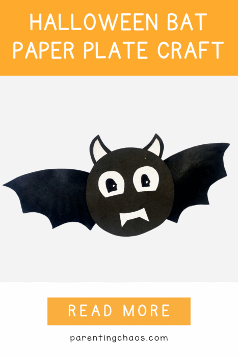 Black bat paper plate craft on a simple orange and white background with “Read More” text.