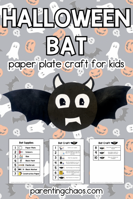 Halloween bat paper plate craft with template and supply cards on a grey ghost-and-pumpkin patterned background.