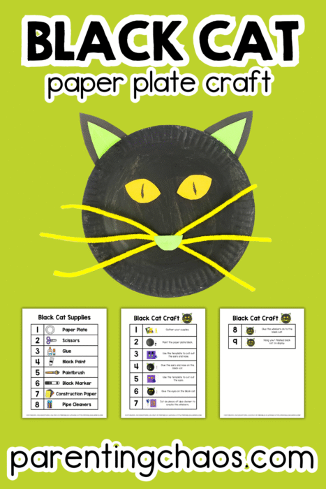 Black cat paper plate craft with visual directions preview for Halloween. Green background with supply list and craft steps shown below.