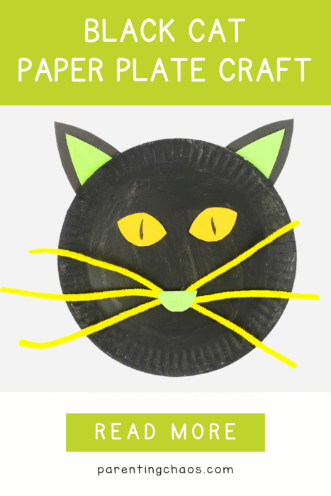 Black cat Halloween paper plate craft with bright yellow whiskers and green ears, on a white background with a green “Read More” bar.