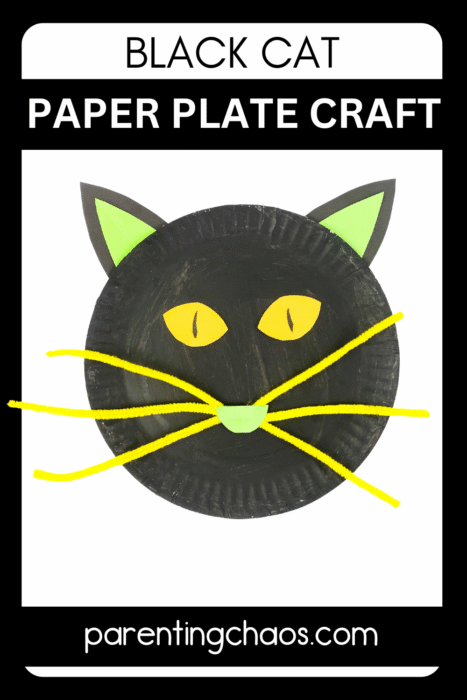 Black cat Halloween paper plate craft on a white background with black border and title text.