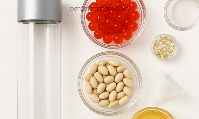 Supplies for blood sensory bottle — clear bottle, red water beads, fake navy beans, gold glitter, corn syrup, and small funnel on white background.