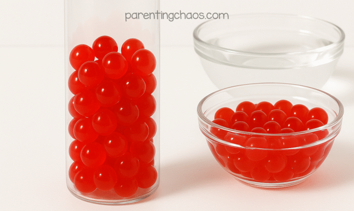 Clear sensory bottle being filled with red water beads.