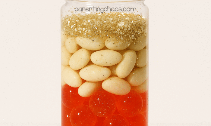 Sensory bottle filled with red water beads, fake navy beans, gold glitter, and mixture