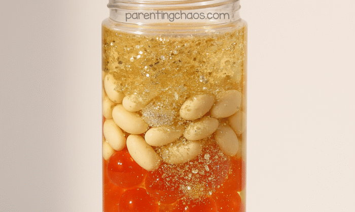 Close-up of finished blood model sensory bottle with gold glitter floating between layers.