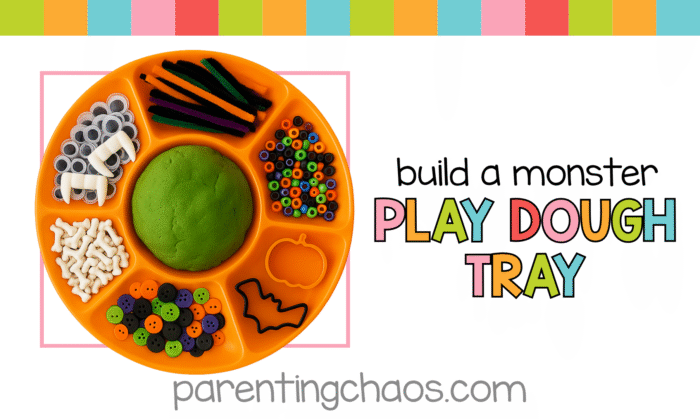 Horizontal promotional image showing a Halloween playdough tray with googly eyes, bones, fangs, beads, buttons, pipe cleaners, and green playdough in an orange tray. The text reads “Build a Monster Play Dough Tray” with colorful letters and the website parentingchaos.com.