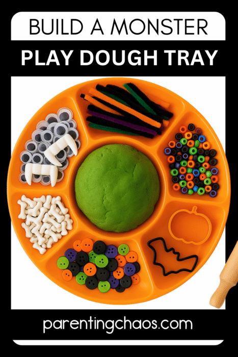 Playdough tray filled with Halloween monster-building materials including pipe cleaners, beads, buttons, googly eyes, and fangs.
