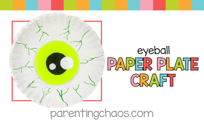 Halloween eyeball paper plate craft with bright green iris and spooky veins on a white plate, rainbow header and colorful text.
