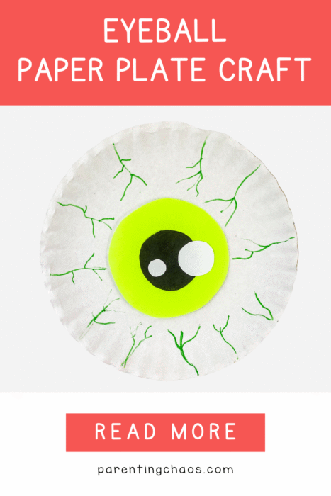Paper plate eyeball craft with green iris and black pupil, surrounded by green veins, displayed with a “read more” banner.