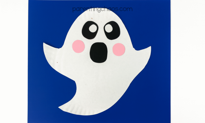 Finished ghost craft with big black eyes, pink cheeks, and surprised mouth.
