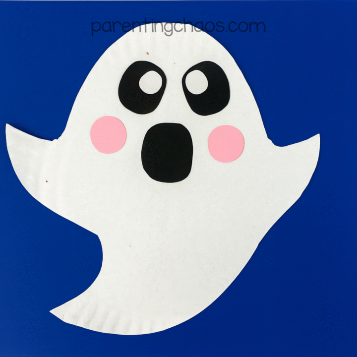 Finished ghost craft with big black eyes, pink cheeks, and surprised mouth.