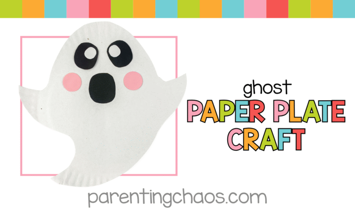Cute ghost paper plate craft with pink cheeks and big black eyes — easy Halloween craft for kids.