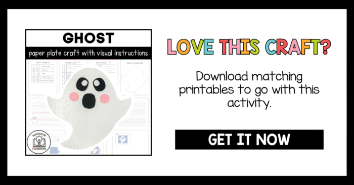 Ghost paper plate craft with printable visual instructions — download matching printables to go with this Halloween activity.