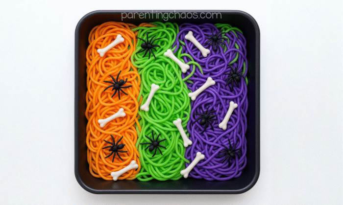 A Halloween spaghetti sensory bin filled with orange, green, and purple spaghetti, decorated with plastic bones and black spiders.
