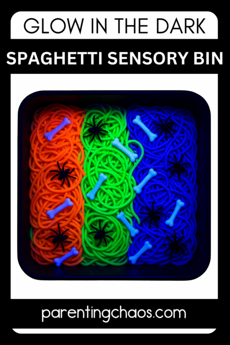 UV-lit sensory bin filled with neon spaghetti, bones, and spiders with bold “Glow in the Dark Spaghetti Sensory Bin” header.