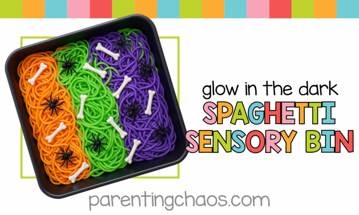 A bright, colorful promotional image featuring a glow-in-the-dark spaghetti sensory bin with Halloween colors, bones, and spiders, with text that says “Glow in the Dark Spaghetti Sensory Bin.”