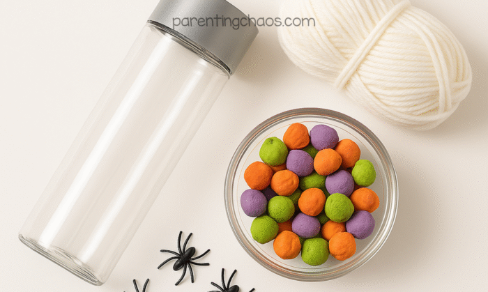 Supplies laid out for a glow-in-the-dark spider sensory bottle — an empty clear bottle with a silver lid, a bowl of orange, green, and purple clay balls, a skein of white yarn, and several small black plastic spiders on a white background.