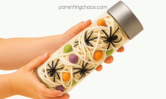 A child holding the completed spider sensory bottle filled with white yarn, colorful clay balls, and black spiders.