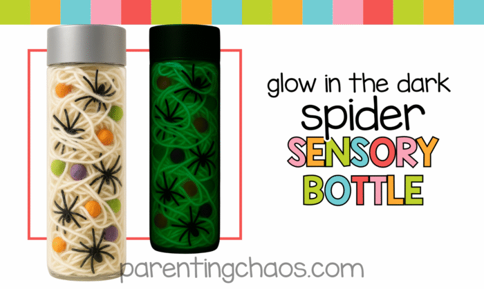 Finished glow-in-the-dark spider sensory bottles shown side by side — one under normal light, one glowing green in the dark — with the text “Glow in the Dark Spider Sensory Bottle” and the Parenting Chaos logo.