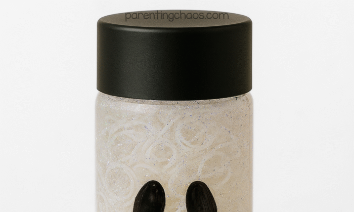 Finished ghost sensory bottle sealed with a black lid, filled with glitter and clear rubber bands for a spooky effect.