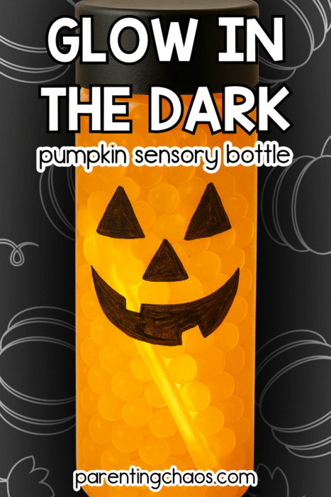 A glowing orange sensory bottle with black pumpkin face details stands on a dark pumpkin-patterned background. The text reads “Glow in the Dark Pumpkin Sensory Bottle.”