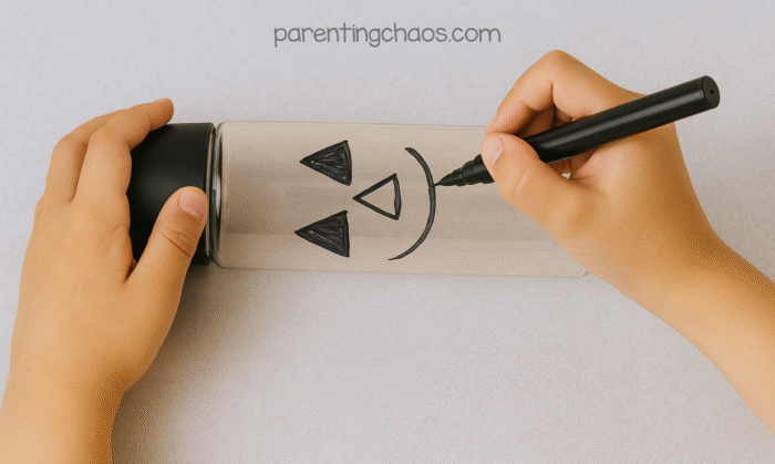 Child drawing a jack-o’-lantern face with a black marker on a clear sensory bottle laying flat on a table.