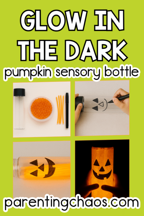 Four-step collage showing how to make a glow-in-the-dark pumpkin sensory bottle using orange water beads, glow sticks, and a hand-drawn pumpkin face.