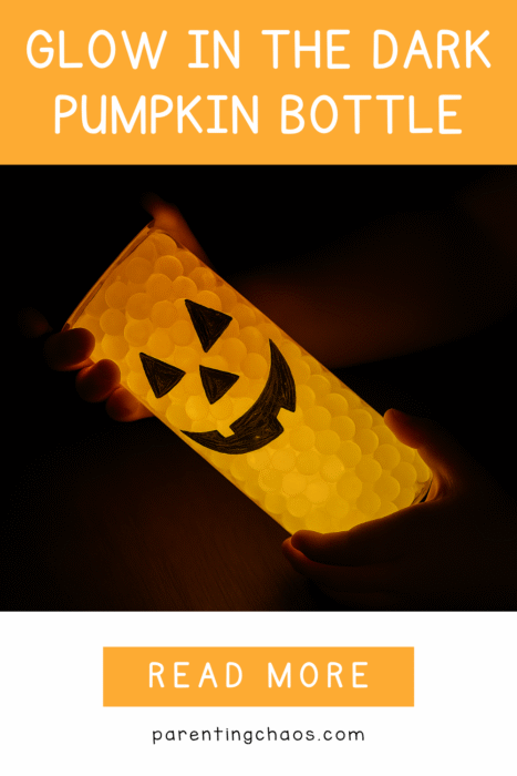 A child holds a glowing pumpkin sensory bottle on a dark background. The label reads “Glow in the Dark Pumpkin Bottle – Read More.”