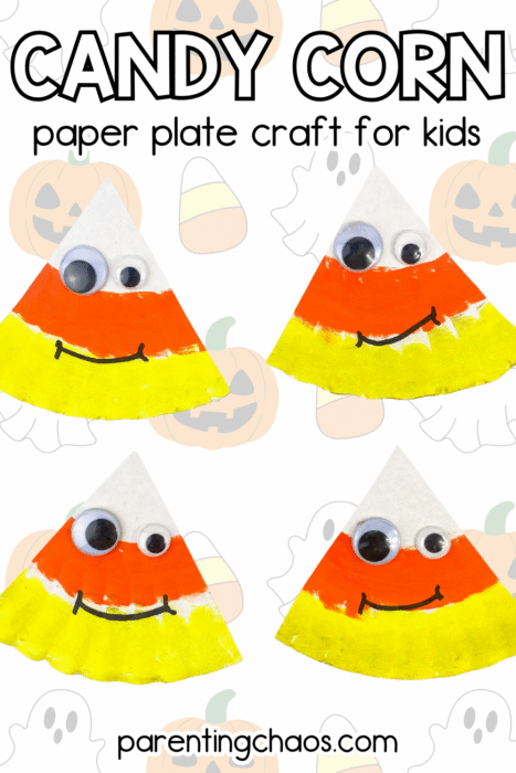 Candy corn paper plate craft for kids featuring four smiling candy corns with googly eyes painted in white, orange, and yellow on a cute Halloween background with pumpkins and ghosts.