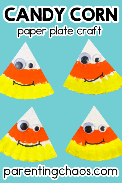 Easy candy corn paper plate craft for kids with four triangle-shaped candy corns painted white, orange, and yellow, each with big googly eyes and smiles, on a turquoise background.