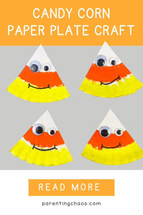 DIY candy corn paper plate craft for kids showing four cheerful candy corns painted in bright fall colors with googly eyes and drawn-on smiles, displayed on a gray background with an orange “read more” banner.