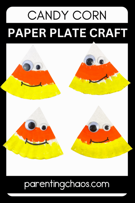 Candy corn paper plate craft for kids featuring painted triangles in yellow, orange, and white with googly eyes and happy faces, framed in black with Parenting Chaos branding.