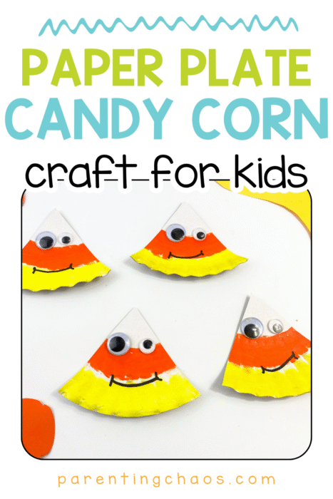 Paper plate candy corn craft for kids arranged on a white table with extra candy corn cutouts nearby. Each candy corn has painted stripes, googly eyes, and drawn smiles—fun and easy Halloween craft idea.