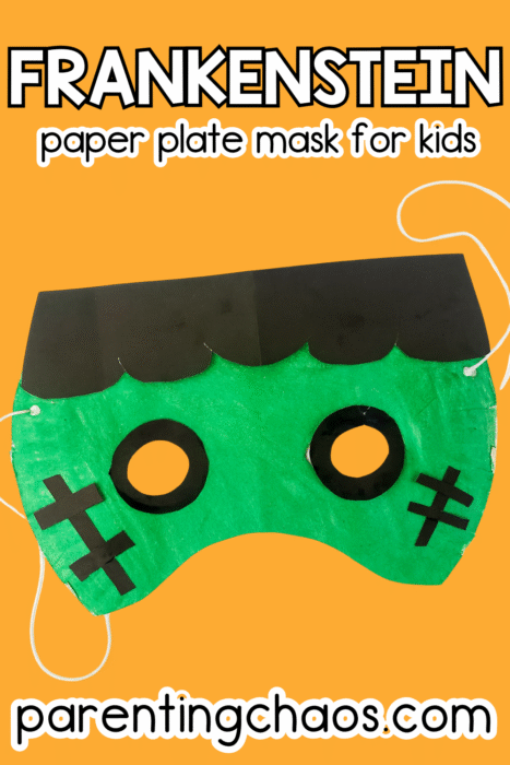 Easy Frankenstein paper plate mask for kids with green painted plate, black paper hair, and string ties, shown on a bold orange background. Simple Halloween costume craft idea.