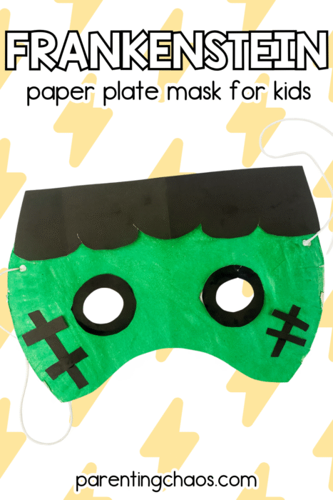 Frankenstein paper plate mask craft for kids featuring green painted face, black hair, and bolts of lightning in the background. Easy Halloween art activity for little learners.