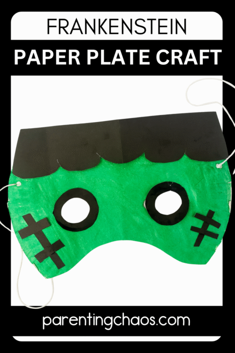 Frankenstein mask paper plate craft for kids featuring green paint, black hair, and stitched details, framed in black and white. Spooky-cute Halloween project for classrooms or home.