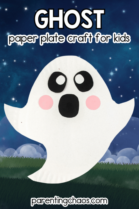 Cute ghost paper plate craft for kids with big black eyes and pink cheeks, floating over a starry night sky background. Easy Halloween art idea for preschoolers from Parenting Chaos.