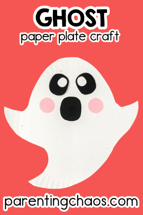 Adorable ghost paper plate craft with white cut-out shape, pink cheeks, and black eyes on a bright coral background. Fun and simple Halloween craft for young kids.