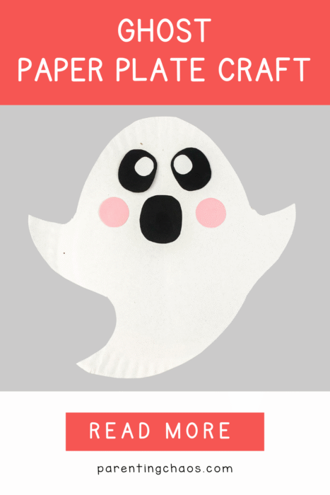 DIY paper plate ghost craft for kids with pink cheeks and a surprised expression, shown above a red “Read More” banner. Perfect preschool Halloween activity.