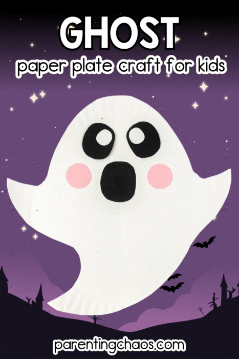 Cute paper plate ghost craft with pink cheeks and black eyes floating in a purple Halloween sky with bats and stars. Easy Halloween craft for kids from Parenting Chaos.