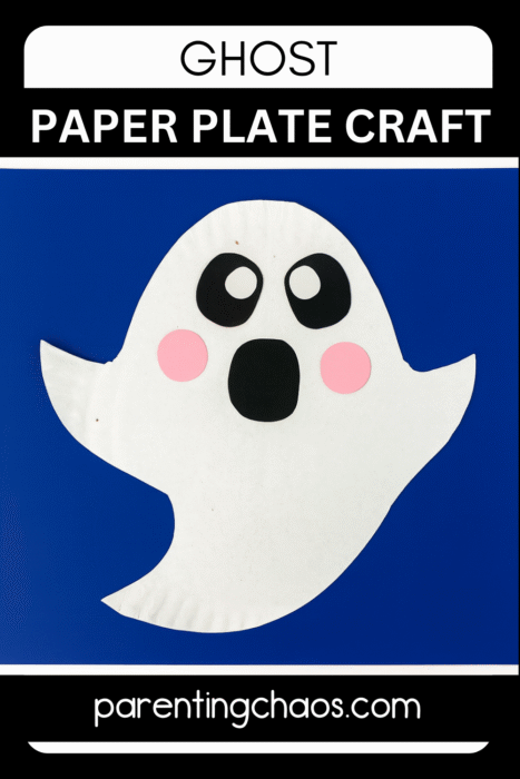 Friendly ghost made from a paper plate with large black eyes and pink cheeks, framed on a bold blue background. Quick and easy Halloween paper craft for classrooms.