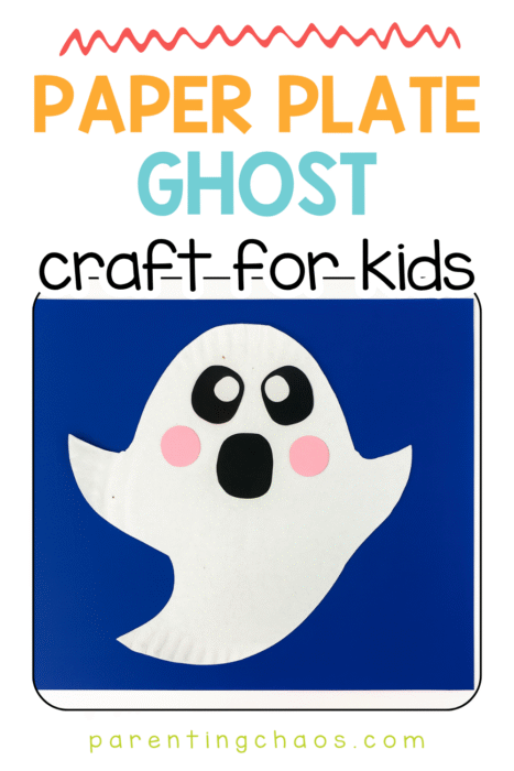 Paper plate ghost craft for kids with pink cheeks and black eyes, displayed on a deep blue background with playful Halloween lettering. Simple spooky-cute craft idea for little learners.