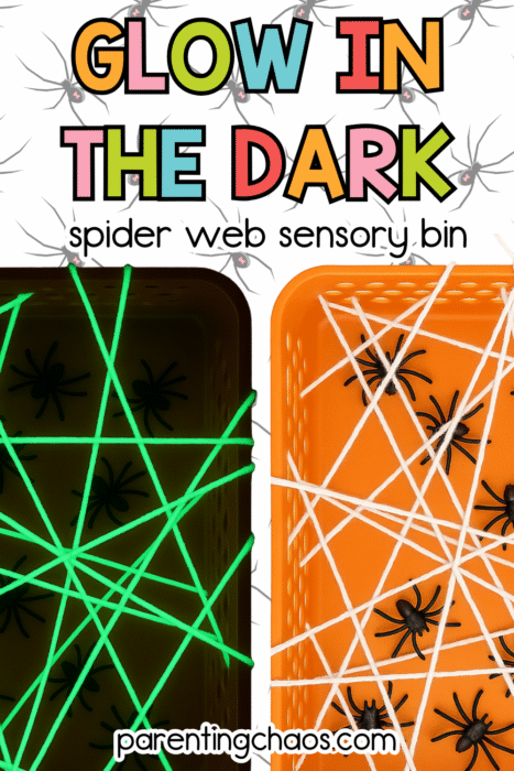 Two side-by-side sensory bins—one glowing green in the dark and one bright orange in daylight—showing a spider web made of string with black toy spiders tangled inside. The text reads “Glow in the Dark Spider Web Sensory Bin” on a spider-patterned background.