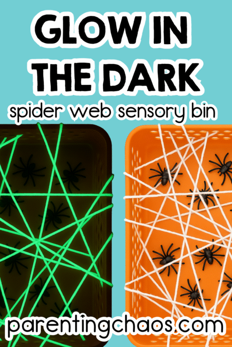 Two sensory bins shown side by side—one glowing green with black spiders under a web of neon yarn, the other orange with white yarn webs and spiders. Text above reads “Glow in the Dark Spider Web Sensory Bin” with bright, playful letters.