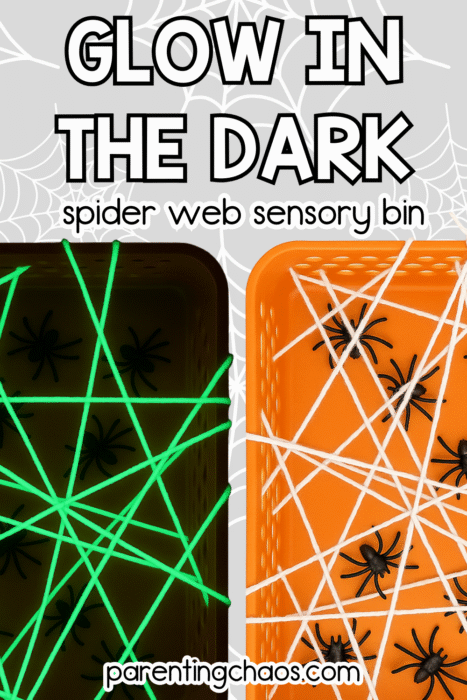 Split image of two sensory bins—one glowing green and one bright orange—filled with yarn webs and black spiders. Background features white spiderweb patterns with the text “Glow in the Dark Spider Web Sensory Bin.”