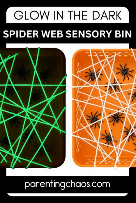 Side-by-side images of an orange sensory bin with yarn webbing and toy spiders, shown in daylight and glowing green in the dark. Text reads “Glow in the Dark Spider Web Sensory Bin” on a bold black background.