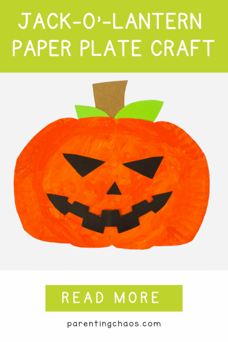 DIY Jack-O’-Lantern paper plate craft for kids made with orange paint, black paper cutouts, and green paper leaves, displayed on a white background with a green “read more” button.