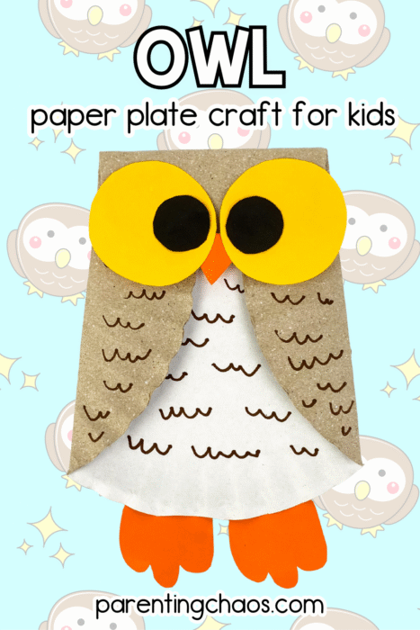 Owl paper plate craft with yellow eyes and orange feet on a blue background with cartoon owls.