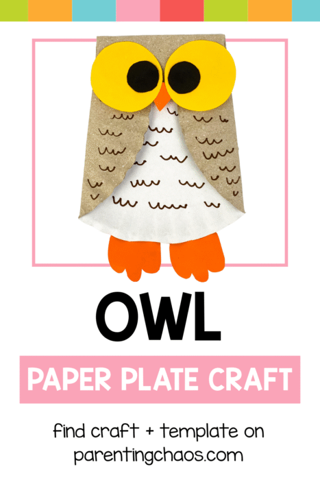 Owl paper plate craft with colorful border and “Find Craft + Template” text.